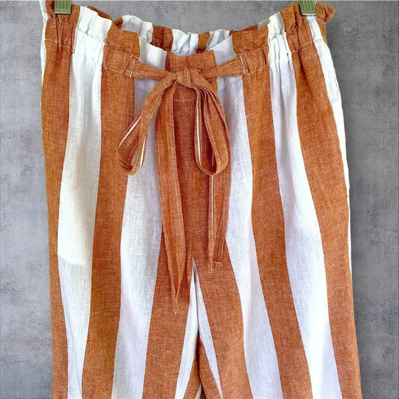 BeachLunchLounge Linen Blend Lagenlook Paperbag Pants Size S Brown White Stripes - Picture 3 of 13